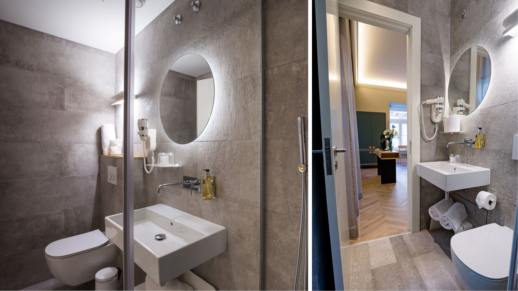 Badrum med dusch och ljust sovrum p det nyppnade hotellet My Story Hotel Tejo, Lissabon.